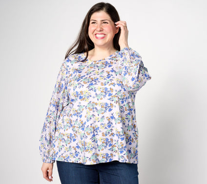 LOGO by Lori Goldstein Long Sleeve Printed Eyelet Mix Top