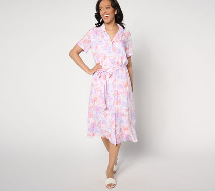 Side Stitch Short-Sleeve Button-Front Midi Dress - Peach Jardin