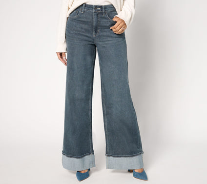 Me by Jennie Garth Petite Grey Blue Cuffed Wide Leg Jeans