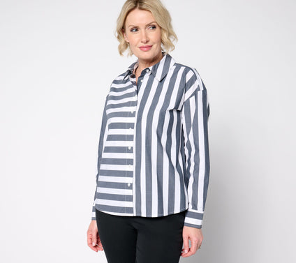 Women with Control Poplin Button Front Shirt with Mixed Stripe