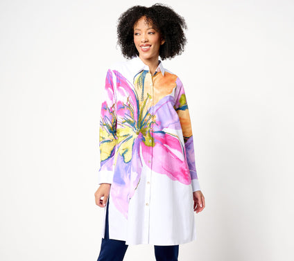 Susan Graver Petite Printed Stretch Poplin Button Front Duster