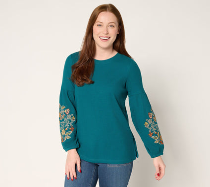 Belle Boho by Kim Gravel Micro Waffle Lantern Sleeve Embroidered Top