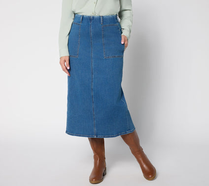 Denim & Co. Petite Easy Stretch Denim Midi Skirt