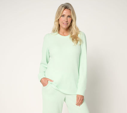 AnyBody Brushed Waffle Knit Crew Neck Top with Tall Cuff