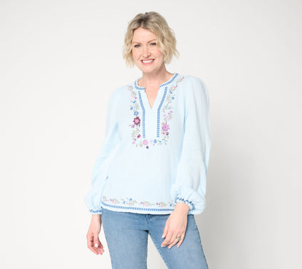 Driftwood Jeans Knit Boho Embroidered Long-Sleeve Top - Bluebird