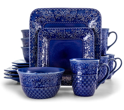 Elama Lotus 16-Pc Square Stoneware Dinnerware Set