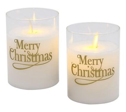 LumaBase LED Glass Candles, Merry Christmas- Set of 2