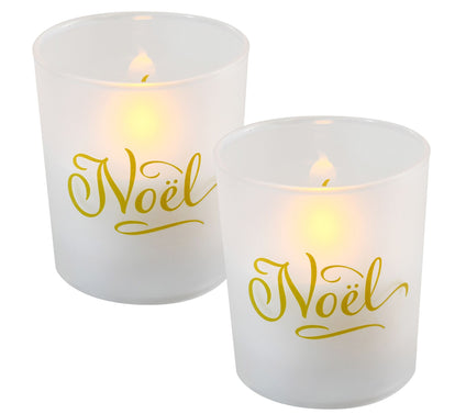 LumaBase Battery Operated Glass LED Candles, Noel- Set of 2