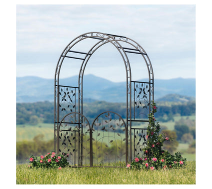 Evergreen Leaves & Birds Arbor with Gate