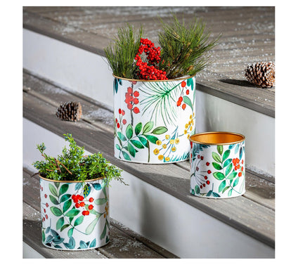 Evergreen Set of 3 Festive Foliage Printed Metal Planters