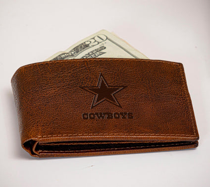 Evergreen Bi-Fold Tumbled Brown Leather Walletw/NFL Team Logo