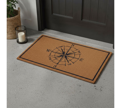HomeRoots 16" X 30" Brown And Blue Compass Coir Door Mat