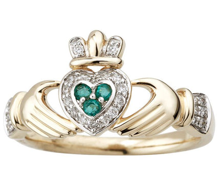 Solvar Diamond and Emerald Claddagh Ring, 14K Gold