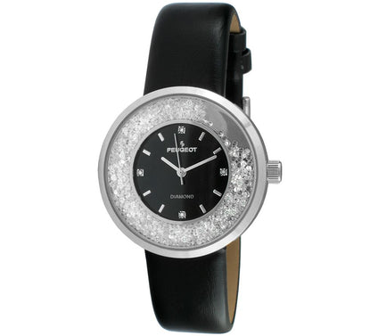 Peugeot Women's Silvertone Diamond Marker BlackLeather Watch