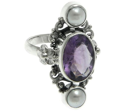 Artisan Crafted Cultured Pearl & Amethyst Ring, Sterling
