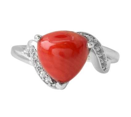925 Sterling Red Bamboo Coral & White Topaz Ring
