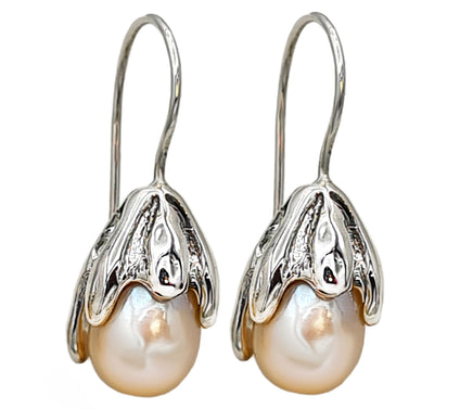 Hagit Sterling Silver Flower B ud Teardrop Pea rl Earrings Earrings