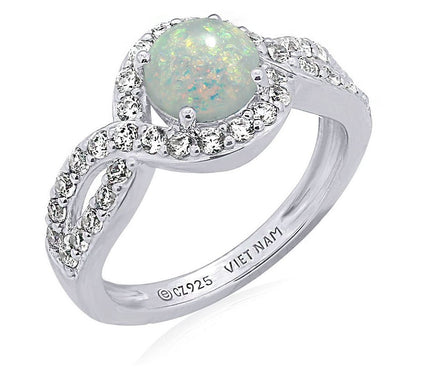 Diamonique & Round Opal Halo Ring, Sterling Silver