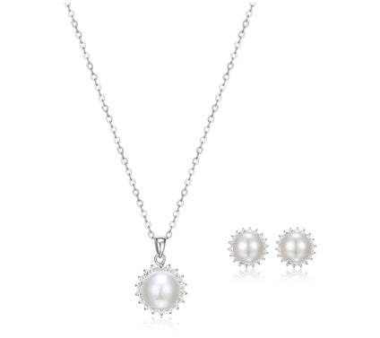 Diamonique & Cultured Pearl Earrings & Necklace Set, Sterling