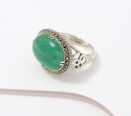Solvar Sterling Silver Green Aventurine and Marcasite Ring