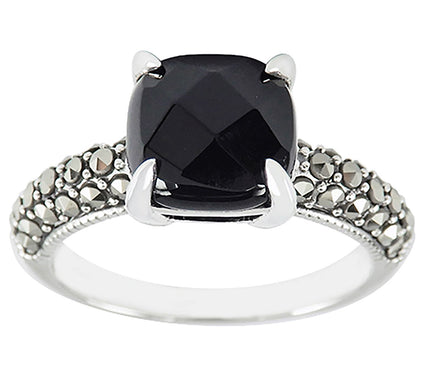 Suspicion Sterling Marcasite & Cushion Cut Onyx Ring