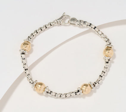 JAI Sterling Silver & 14K Bead 3.7mm Box Chain Bracelet, 12.0g