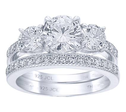 Diamonique 2.95 cttw 3-Stone Bridal Ring Set, Sterling Silver