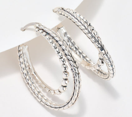 JAI Sterling Silver Hammered Bead & Basketweave 1" Hoops