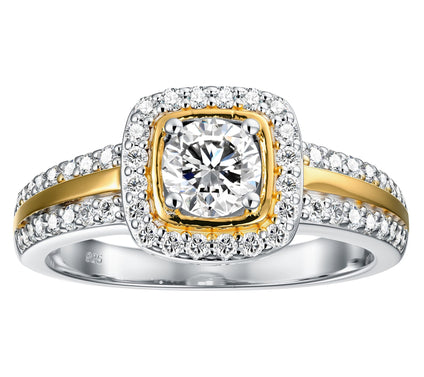 Diamonique 0.90 cttw Two-Tone Halo Ring, Sterling Silver