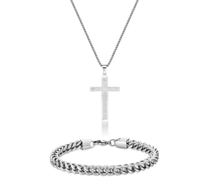 LYNX Men's Stainless Steel Cross Necklace & Bracelet Set