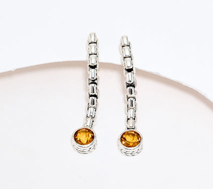 JAI Sterling Silver Bezel Set Gemstone 1-1/2" Box Chain Earrings