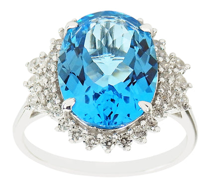 Diamonique & Swiss Blue Topaz Halo Ring, Sterling Silver