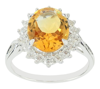 Diamonique & Citrine Halo Ring, Sterling Silver