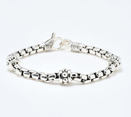 JAI Sterling Silver 5.3mm Box Chain Shimmer Bead Bracelet, 24g