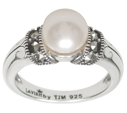 Suspicion Sterling Silver Cultured Pearl & Marcasite Ring