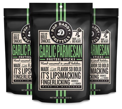 Pop Daddy (3) 7.5-oz Bags Garlic Parmesan Gourmet Pretzels