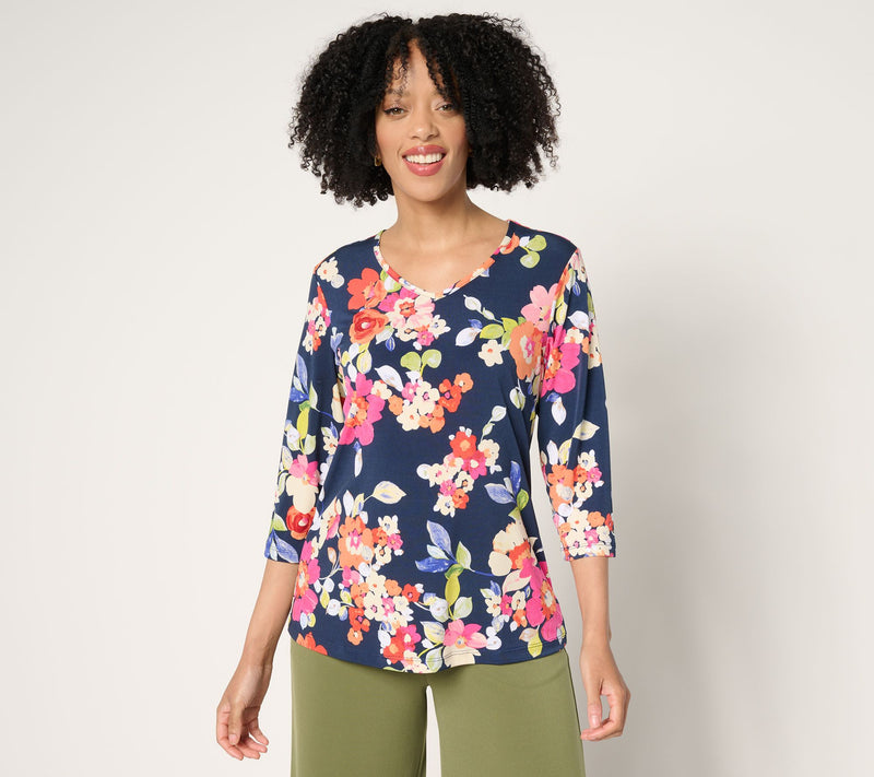Susan Graver Printed Liquid Knit V-neck 3/4 Sleeve Top — View 40