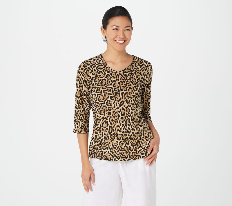 Susan Graver Printed Liquid Knit V-neck 3/4 Sleeve Top — View 11