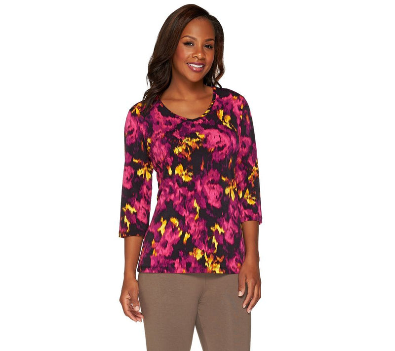Susan Graver Printed Liquid Knit V-neck 3/4 Sleeve Top — View 9