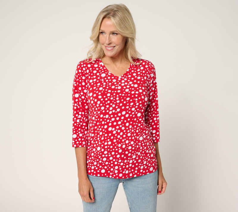 Susan Graver Printed Liquid Knit V-neck 3/4 Sleeve Top — View 29