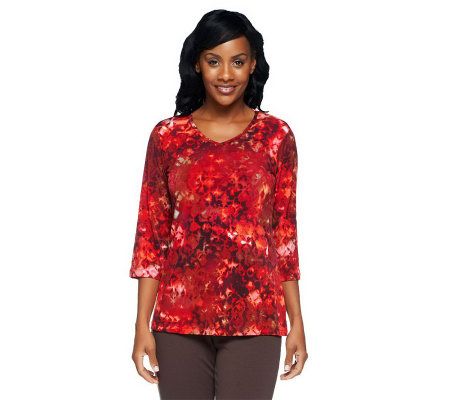 Susan Graver Printed Liquid Knit V-neck 3/4 Sleeve Top — View 21