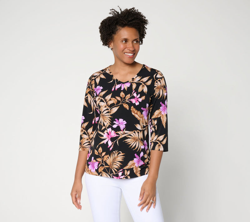 Susan Graver Printed Liquid Knit V-neck 3/4 Sleeve Top — View 42