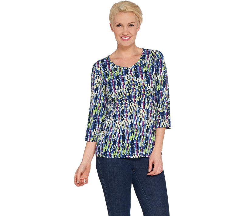 Susan Graver Printed Liquid Knit V-neck 3/4 Sleeve Top — View 7