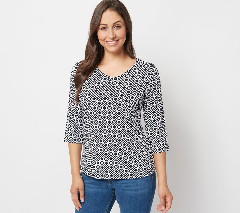 Susan Graver Printed Liquid Knit V-neck 3/4 Sleeve Top — View 43