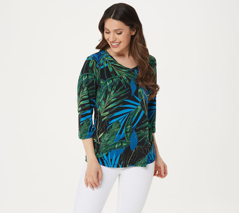 Susan Graver Printed Liquid Knit V-neck 3/4 Sleeve Top — View 3