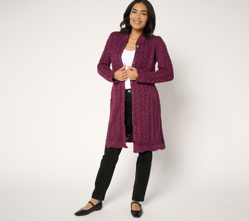 Aran Crafts Merino Wool Long Button Front Cardigan — View 12