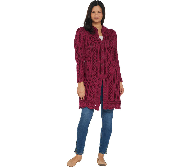 Aran Crafts Merino Wool Long Button Front Cardigan — View 3