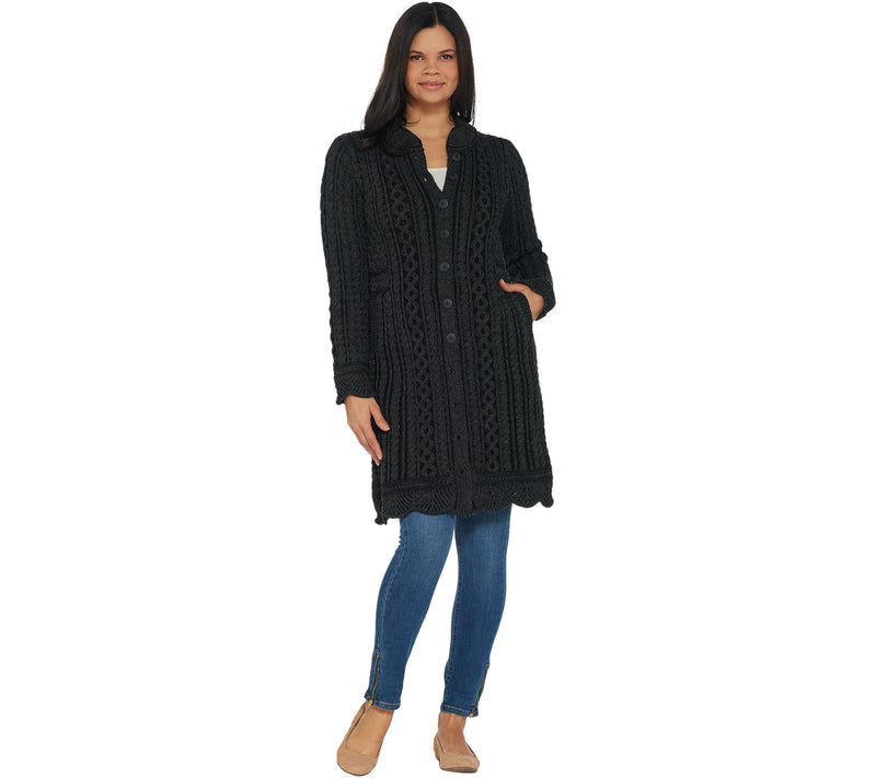 Aran Crafts Merino Wool Long Button Front Cardigan — View 6