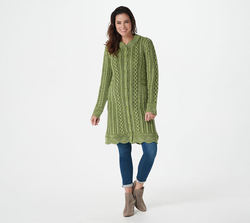 Aran Crafts Merino Wool Long Button Front Cardigan — View 25