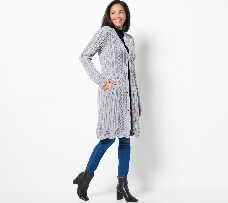 Aran Crafts Merino Wool Long Button Front Cardigan — View 26